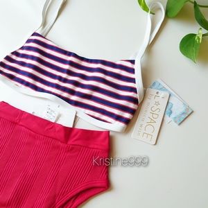 L*Space Gemma Frenchi Ribbed Striped Red White Navy Blue Bikini Set NWT